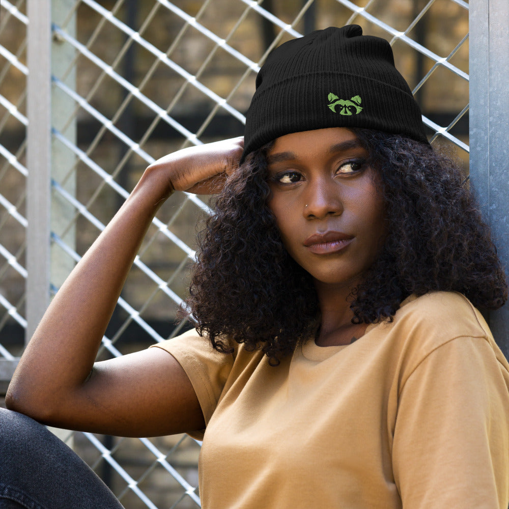Green Logo Organic ribbed Beanie - Raccoon Collection